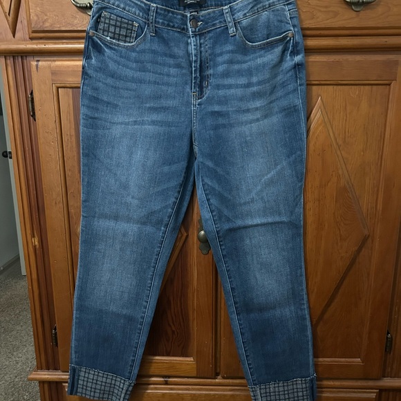 Judy Blue Dark Wash Ankle Jeans with Plaid Accents - Picture 2 of 6